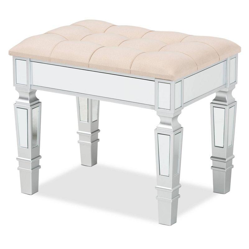 Elegant Beige Fabric Button-Tufted Ottoman with Silver Wood Frame