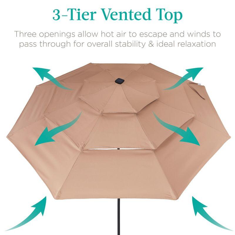 Best Choice Products 10ft 3-Tier Solar Patio Umbrella w/ 24 LED Lights, Tilt Adjustment, Easy Crank - Tan