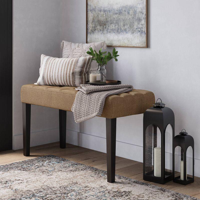 California Dark Beige Tufted Fabric Bedroom Bench with Wood Legs