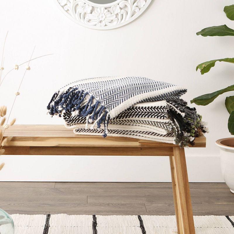 Navy and Ivory Cotton Herringbone Throw Blanket