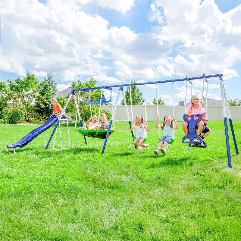 Blue Metal Outdoor Swing and Slide Set with Glider