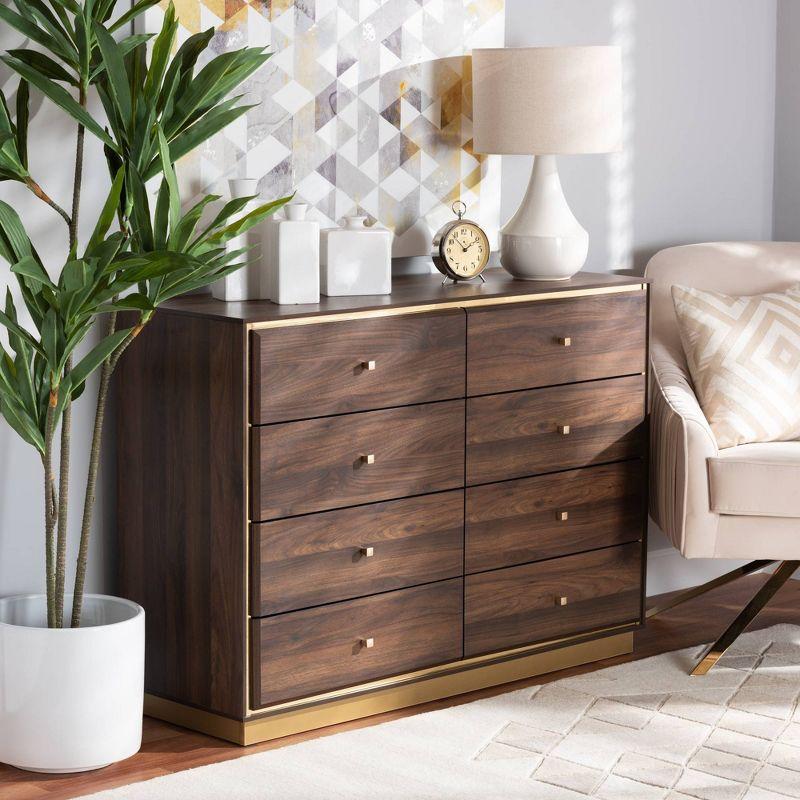 Cormac Wood and Metal 8 Drawer Dresser Walnut Brown/Gold - Baxton Studio: Modern Storage Furniture for Bedroom