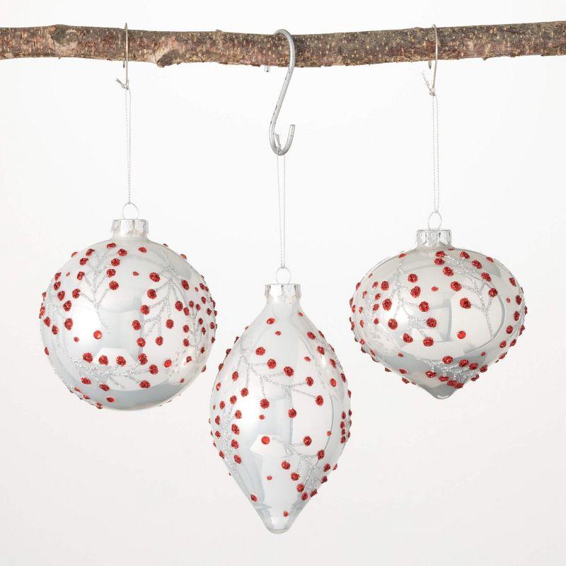 10.5" White and Red Glass Holly Berry Ornament Set