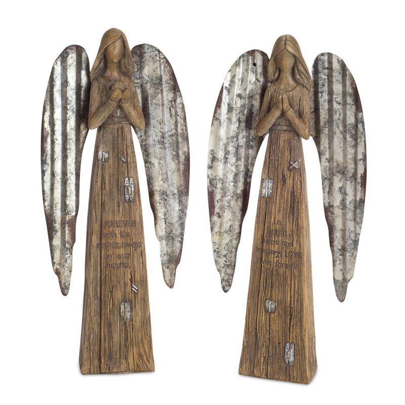 Rustic Wood Sentiment Angel with Galvanized Metal Wings (Set of 2)