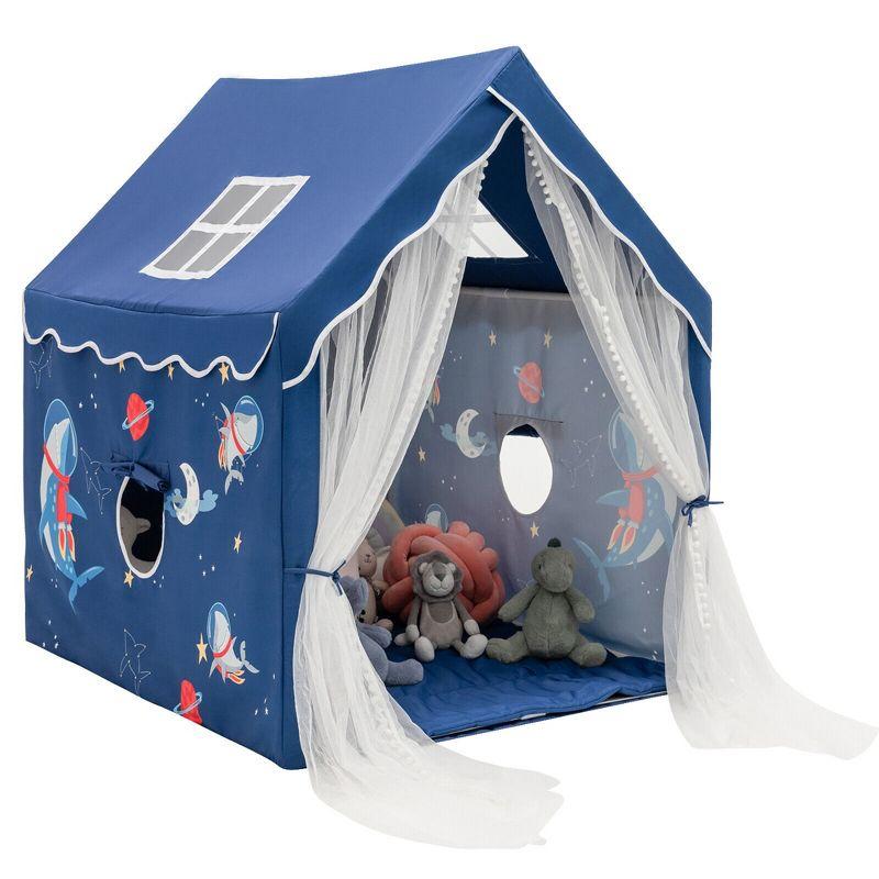 Blue Children's Indoor Play Tent with Cotton Mat and Mesh Curtains