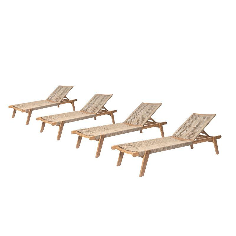 Christopher Knight Home Addison Rustic Outdoor Acacia Wood Chaise Lounge with Rope Seating (Set of 4), Teak/Beige