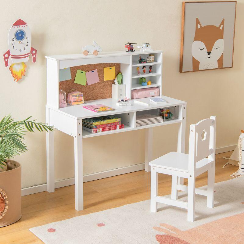 White Wooden Kids Desk and Chair Set with Hutch and Drawer