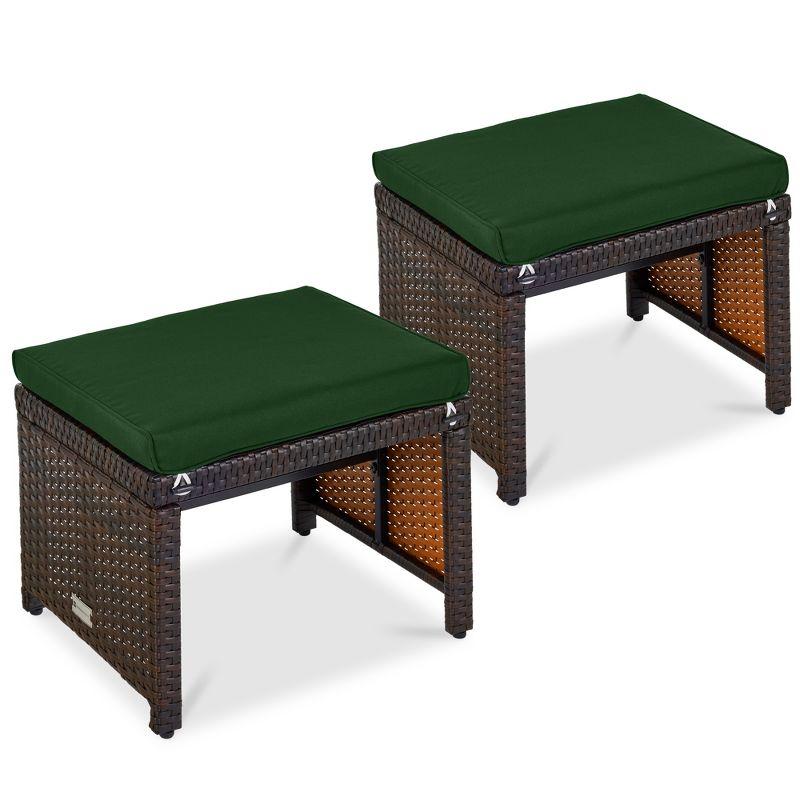 Dovecove Set Of 2 Multipurpose Patio Wicker Ottomans W/ Removable Cushions - Midnight Green/Brown