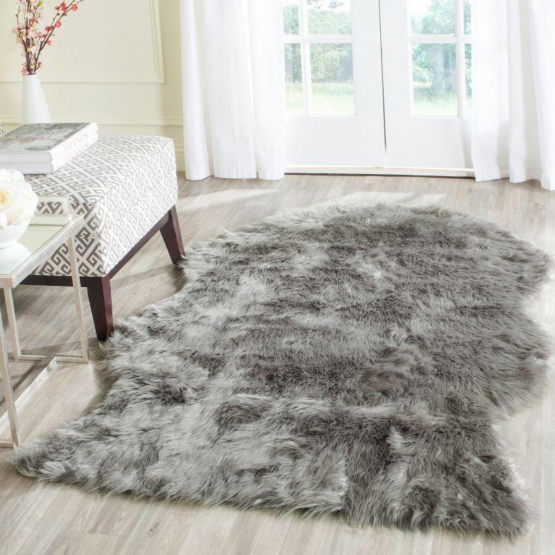 Luxurious Hand-Knotted Dark Gray Faux Sheepskin Rectangular Rug