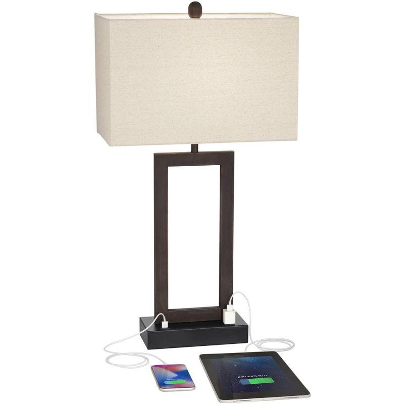 360 Lighting Todd Modern Table Lamp 30" Tall Bronze Rectangular with USB and AC Power Outlet in Base Oatmeal Fabric Shade for Living Room Office House