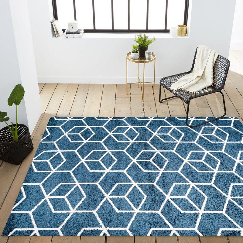 3'x5' Tumbling Blocks Modern Geometric Area Rug, Navy/White - JONATHAN Y