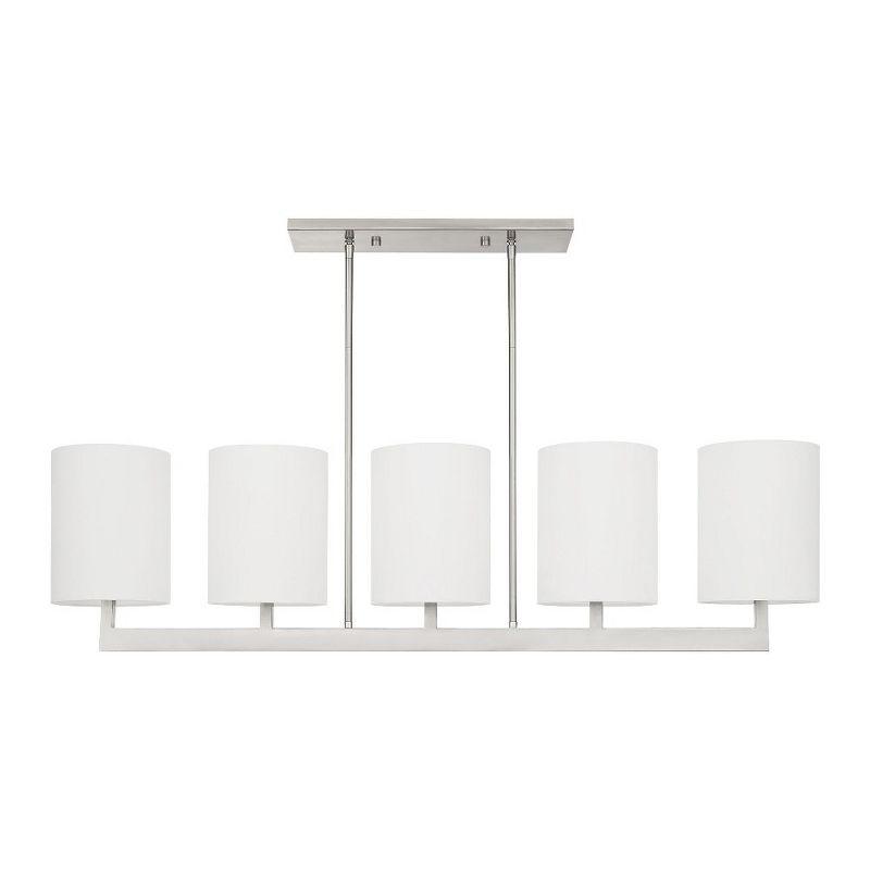 Contemporary Brushed Nickel 5-Light Linear Chandelier with Off-White Shades