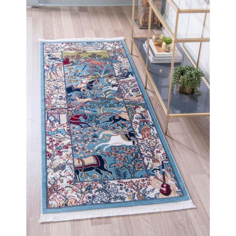 Blue and Tan Floral Synthetic Indoor Runner Rug