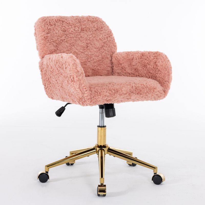 Pink Artificial Rabbit Fur Home Office Chair, Adjustable Swivel Desk Chair with Gold Metal Base and Wheels - The Pop Home