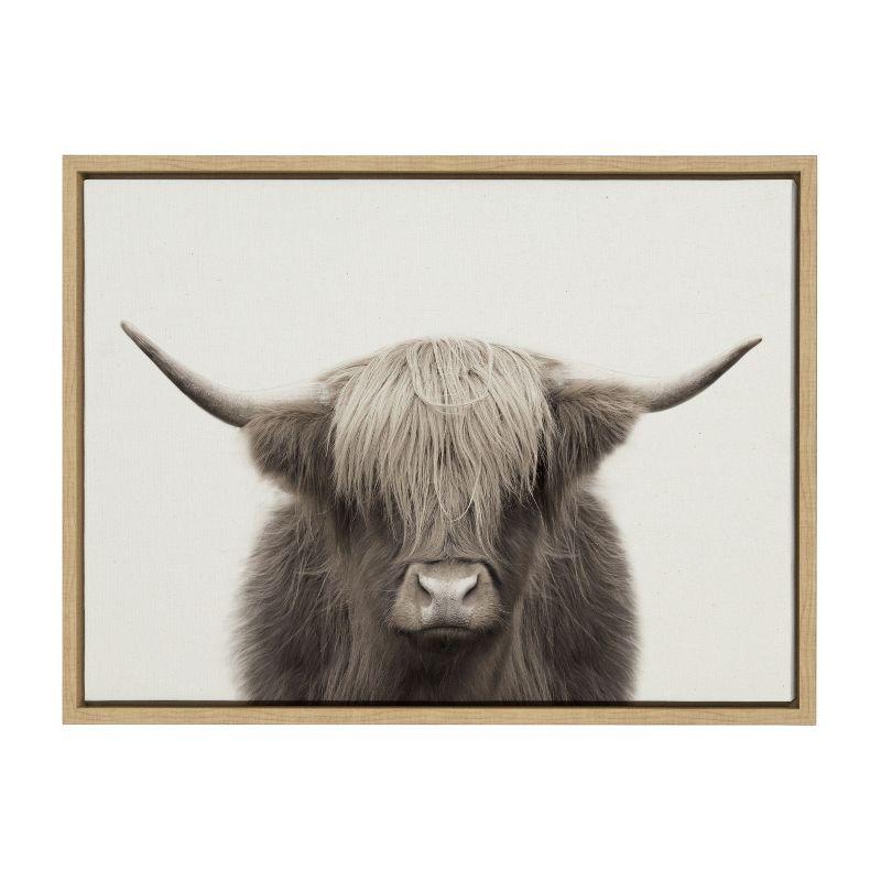 Kate and Laurel Sylvie Hey Dude Highland Cow Color Framed Canvas by The Creative Bunch Studio, 18x24, Natural