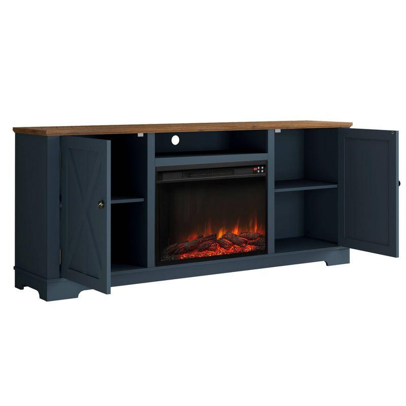 Festivo 70" Farmhouse TV Stand for TVs up to 75" with Electric Fireplace Navy : Entertainment Center, Media Console