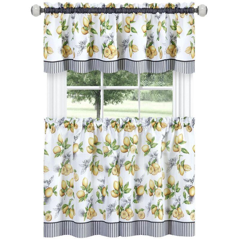 White Lemon Print Sheer Polyester Kitchen Curtain Set