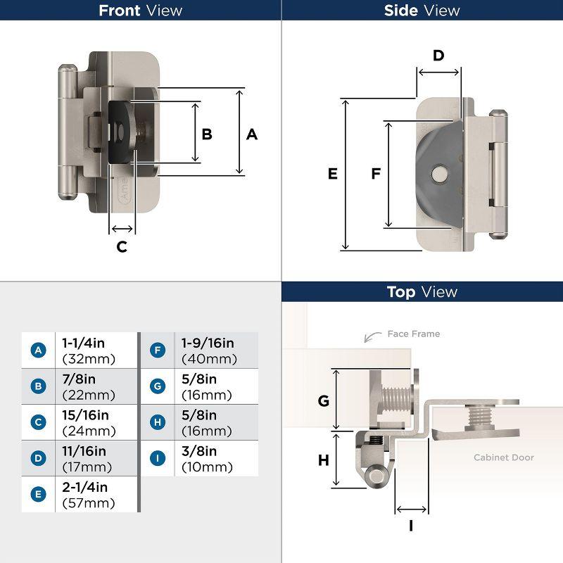 Amerock 3/8in (10mm) Inset Double Demountable Satin Nickel Cabinet Hinge - 1 Pair
