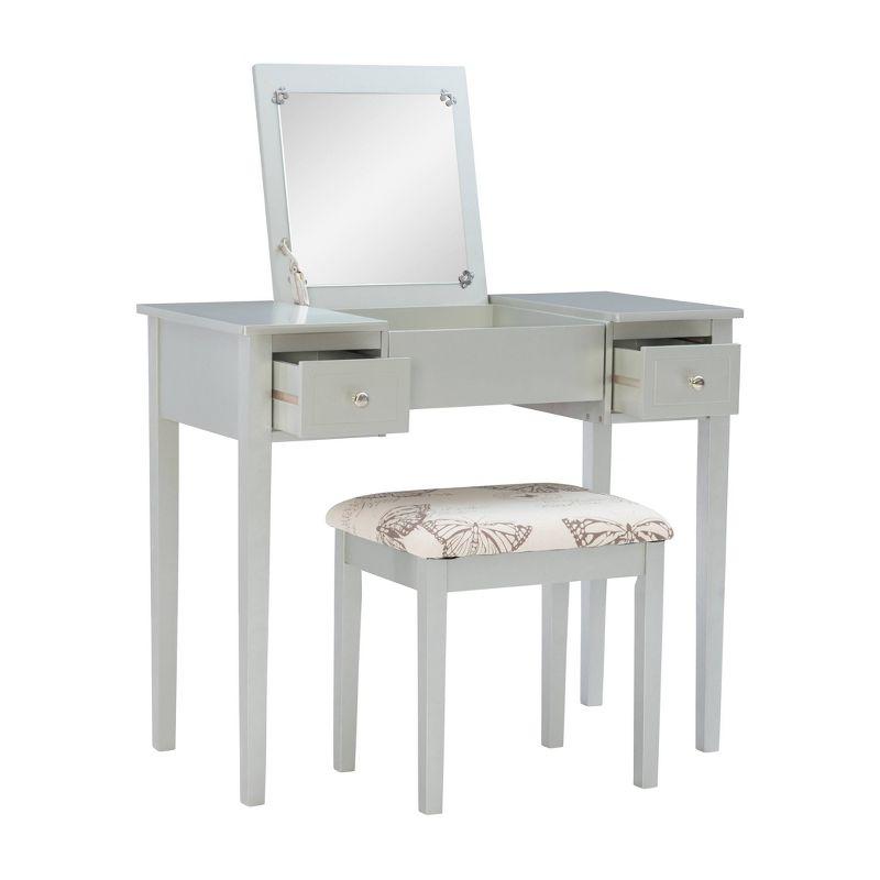 Traditional Wood Flip Up Mirror Drop Drawer Butterfly Vanity and Stool Silver - Linon