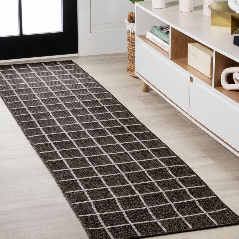 2' x 8' Grid Modern Squares Indoor/Outdoor Runner Rug, Black/Cream - JONATHAN Y