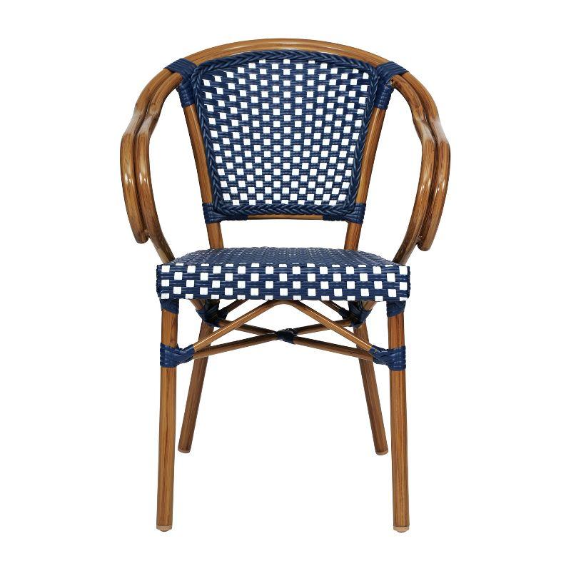 Emma & Oliver Soie Set of 2 Indoor/Outdoor Stacking Thonet Bistro Style Chairs w/ Arms, Navy & White PE Rattan Seat & Nat Bamboo Finished Metal Frame
