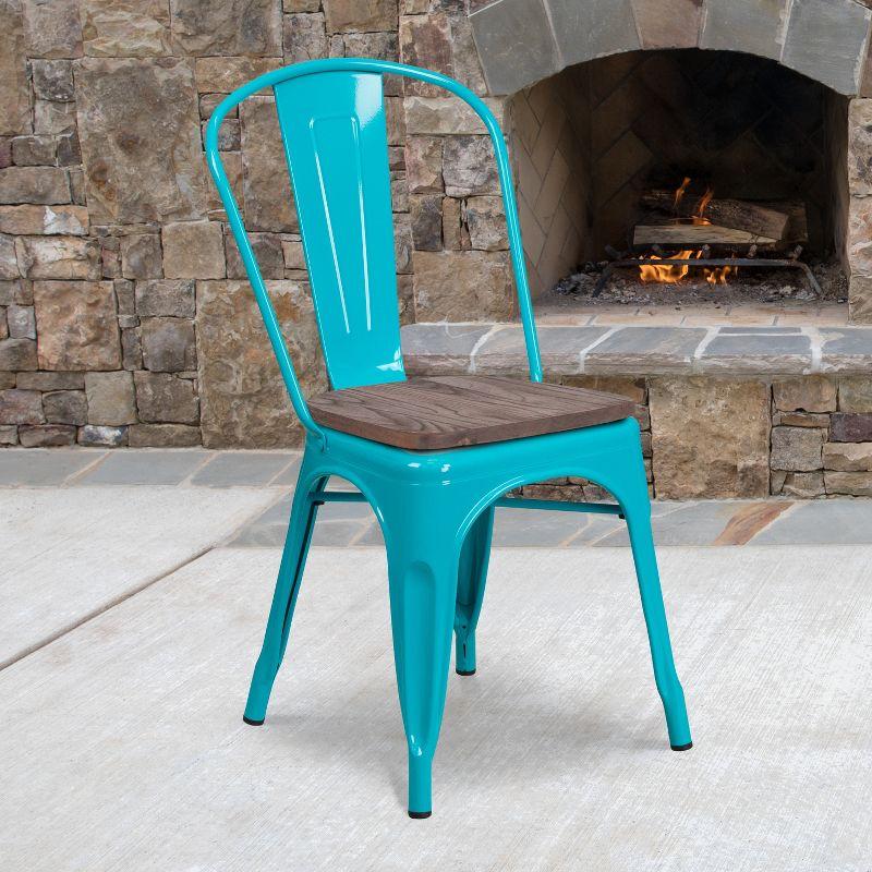 Crystal Teal-Blue Steel Side Chair with Wooden Seat