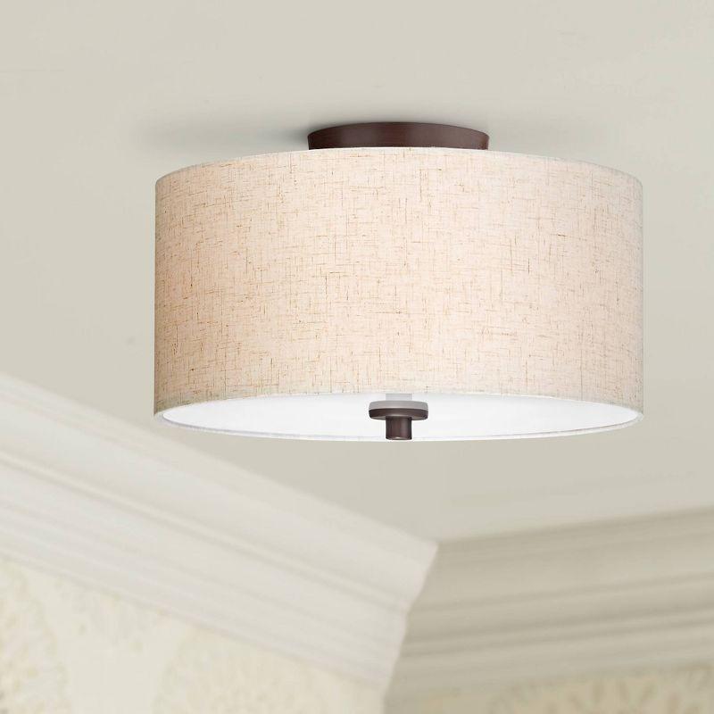 Regency Hill Sylvan Modern Ceiling Light Semi Flush Mount Fixture 14" Wide Bronze 3-Light Oatmeal Fabric Drum Shade for Bedroom Kitchen Living Room