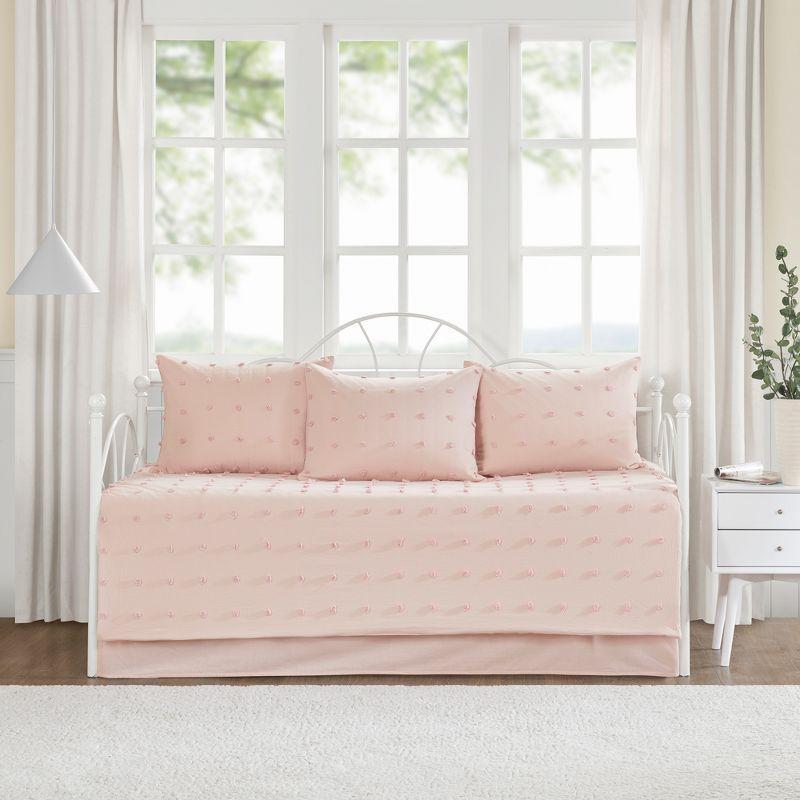 Chic Pink Cotton Daybed Coverlet Set with Chenille Dots