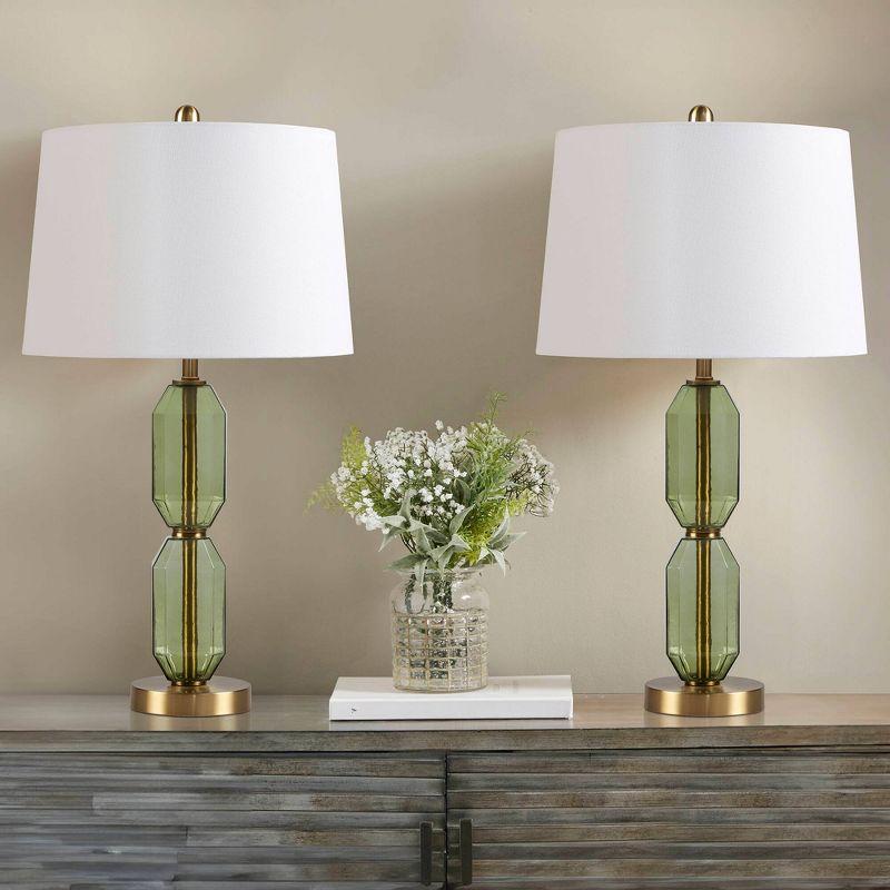 Green Faceted Glass Table Lamp with White Shade and Gold Base