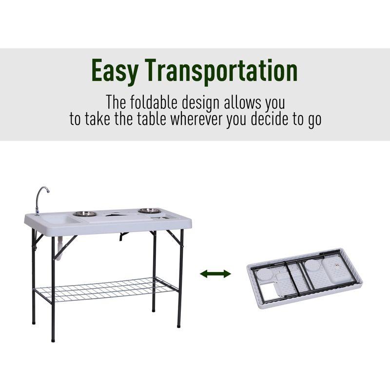 Outsunny Portable Folding Camping Table with Sink, Faucet, Dual Stainless Steel Basins, and Accessories for Fish Cleaning, 50"