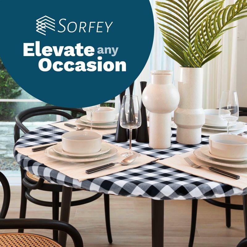 Round Tablecloth -Fitted with Elastic, Vinyl with Flannel Back, 48” Green Checked Design,- By Sorfey