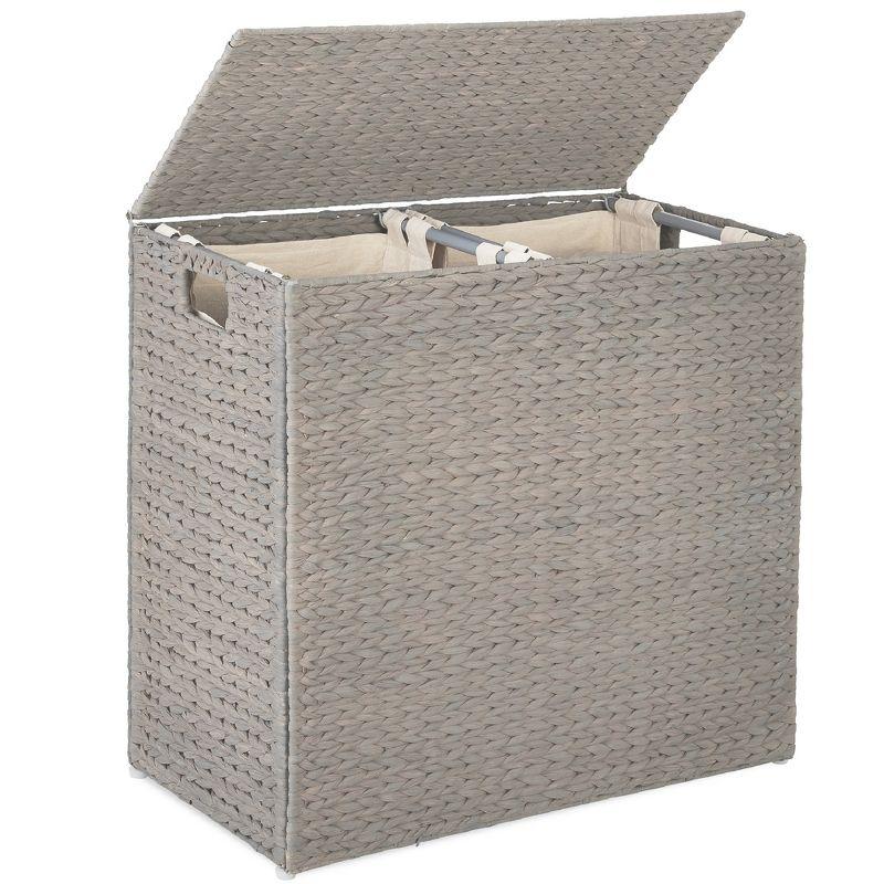Best Choice Products Large Natural Water Hyacinth Double Laundry Hamper Basket w/ 2 Liner Bags, Handles - Gray