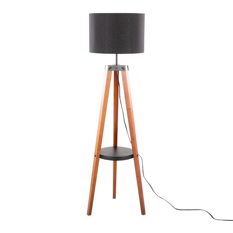 LumiSource Compass Mid-Century Modern Floor Lamp with Shelf in Walnut Wood Black Metal and Black Linen: Angled Legs, UL Listed, 60W