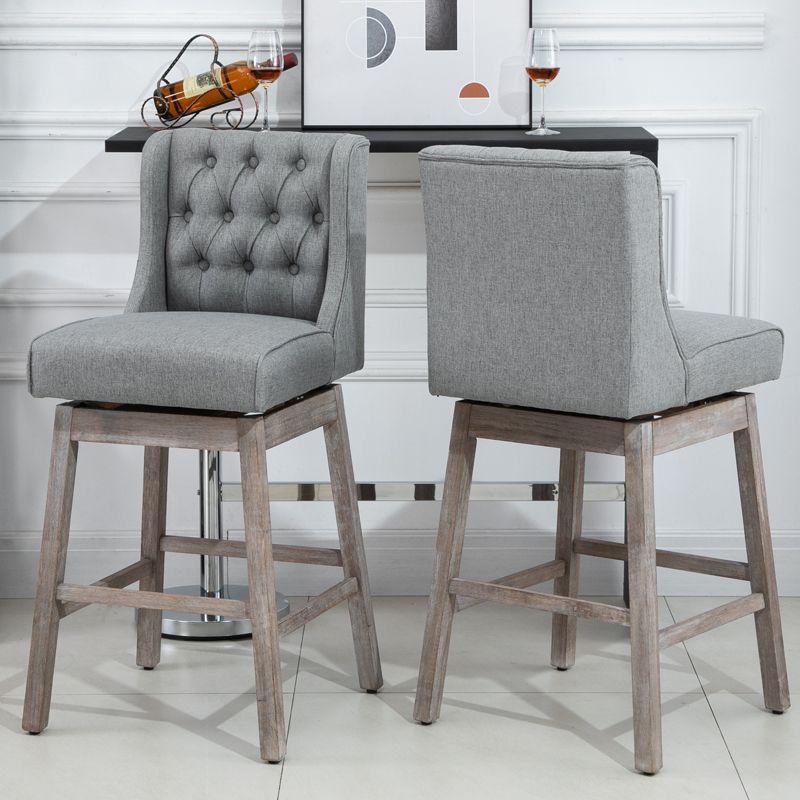 Gray Swivel Bar Stools with Wood Footrests, Set of 2