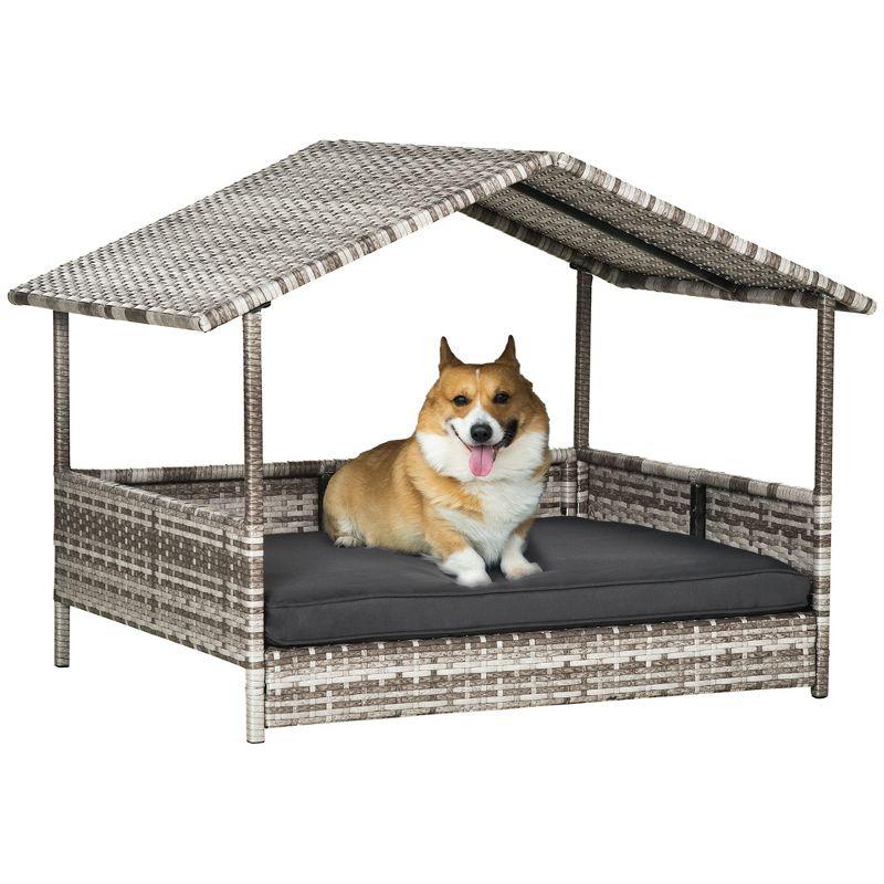 PawHut Wicker Dog House Elevated Raised Rattan Bed for Indoor/Outdoor with Removable Cushion Lounge, Charcoal Gray