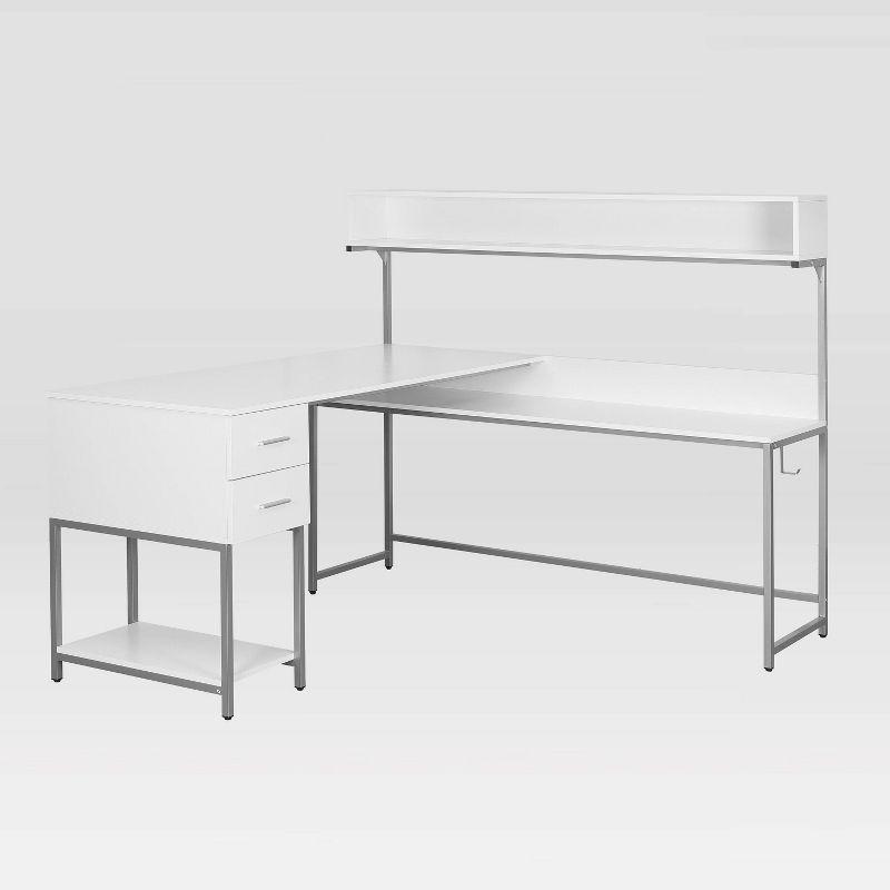 L Shape Desk with Hutch and Storage White - Techni Mobili: Industrial Style, Engineered Wood, Steel Frame, Ample Workspace