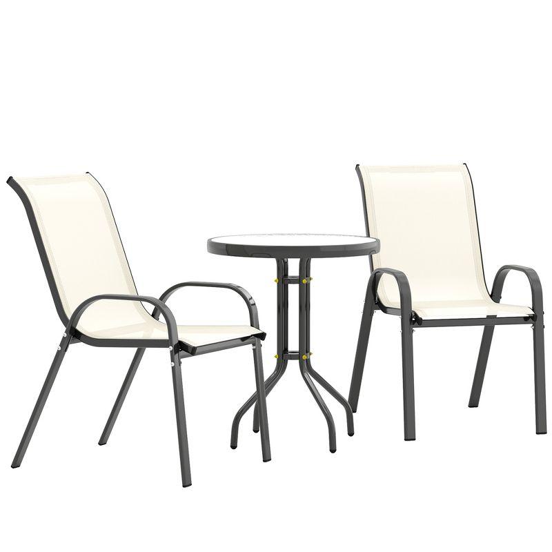 Outsunny 3 Pieces Outdoor Bistro Set, Patio Furniture with Stackable Chairs and Glass Table, High Back Small Patio Set for Balcony, Porch, Beige