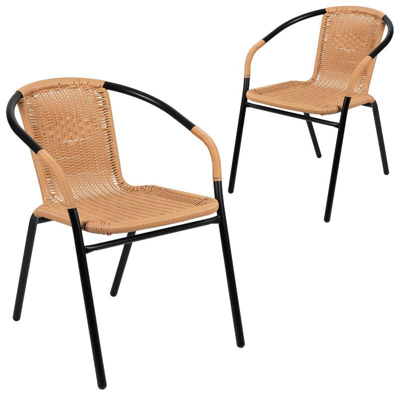 Beige Rattan and Black Steel Patio Dining Chairs, Set of 2