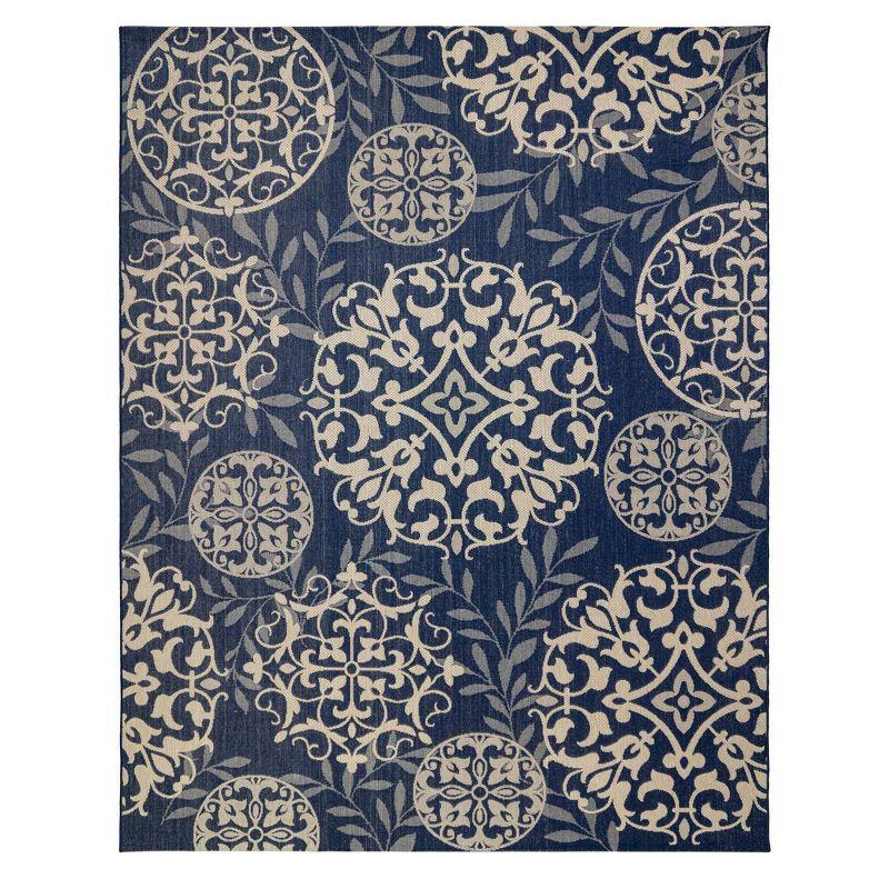 Gertmenian Paseo Emilia Navy Blue/Beige Scrolled Medallion Indoor/Outdoor Flatweave Area Rug