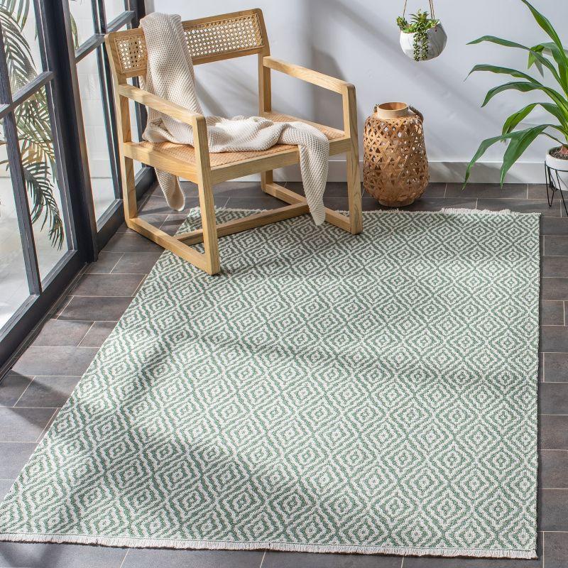 Green and Ivory Geometric Flatweave Cotton Blend Rug