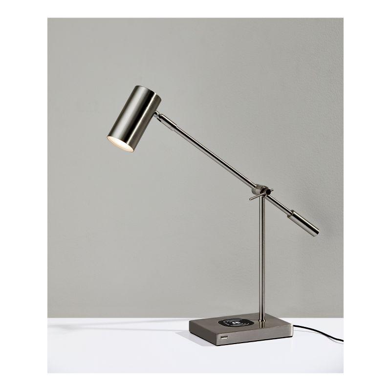 Flemings Brushed Steel Adjustable LED Desk Lamp with USB & Qi Charging