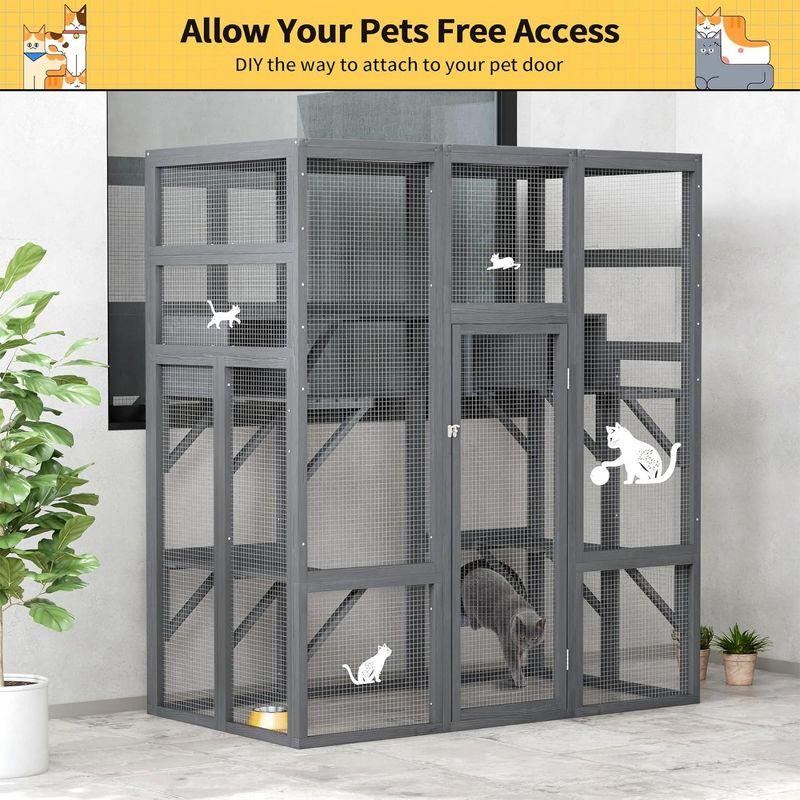COZIWOW Large Catio Outdoor Cat Enclosure, 70" Spacious Cat House with Perches and Condos with Waterproof Roof, 7 Platforms, and 2 Resting Box, Grey