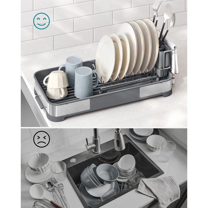 SONGMICS Dish Drying Rack, Dish Dryer for Kitchen Counter, Stainless Steel Dish Rack with Drain, Utensil Holder, Rustproof Gray