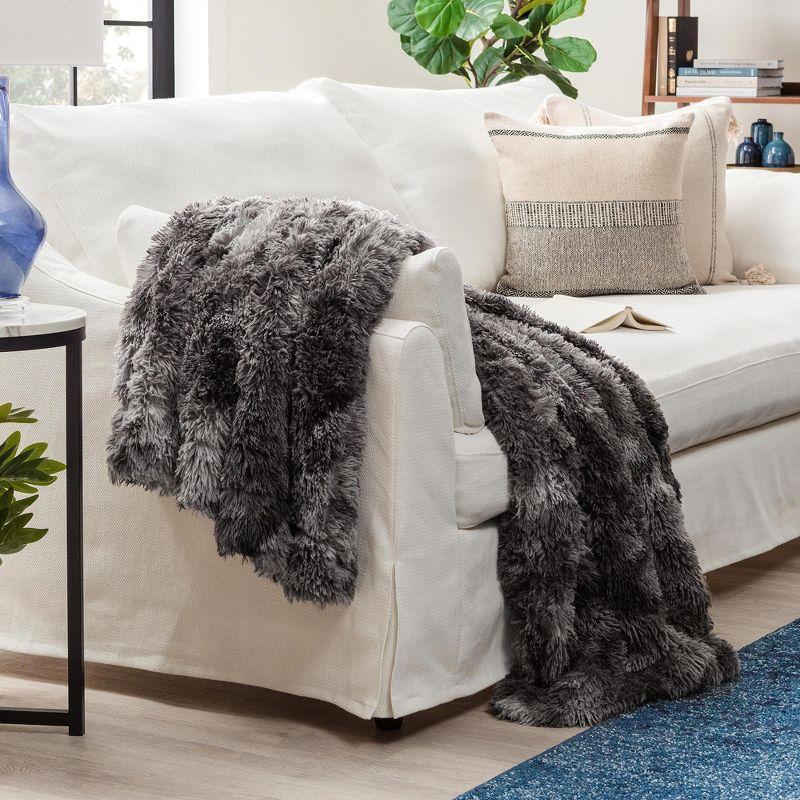 Chanasya Wolf Faux Long Fur Throw Blanket - Soft, Fuzzy Throw Blanket - 50" x 65” - Dark Gray