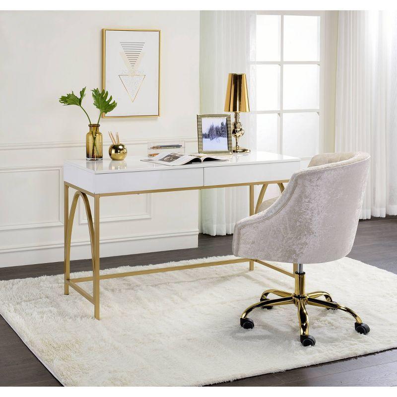 Executive White Gloss & Gold Wood Desk with Drawers & Keyboard Tray