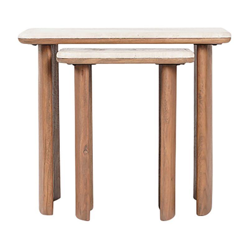 Brown Travertine and Acacia Wood Nested Side Tables Set