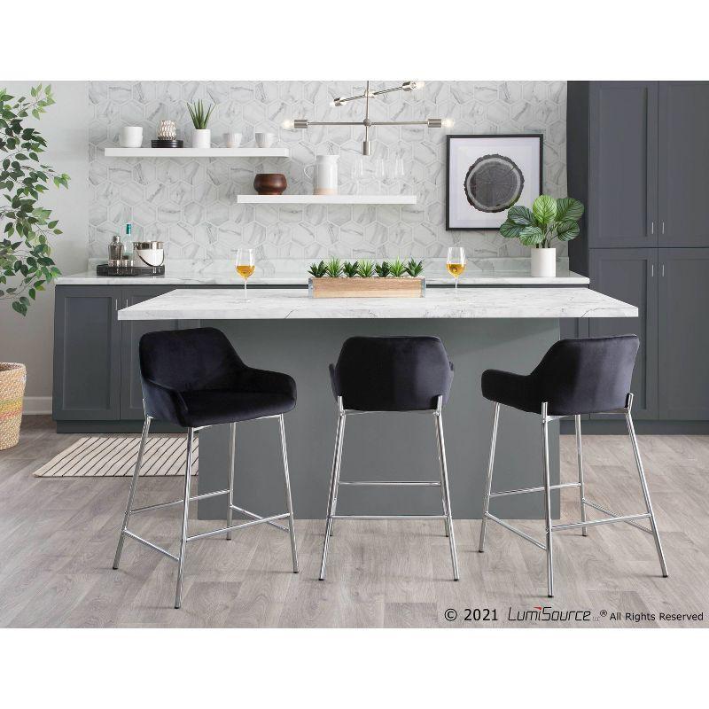 Set of 2 Daniella Metal/Velvet Counter Height Barstools Chrome/Black - LumiSource: Upholstered, Steel Legs, Foam Fill