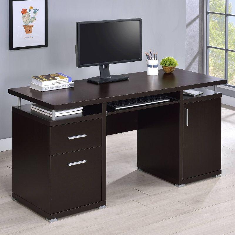 Cappuccino Brown Wood Office Desk with Drawers and Keyboard Tray