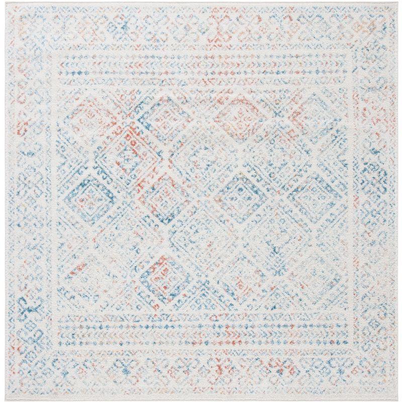 Ivory and Terracotta Geometric Square Synthetic Area Rug - Easy Care