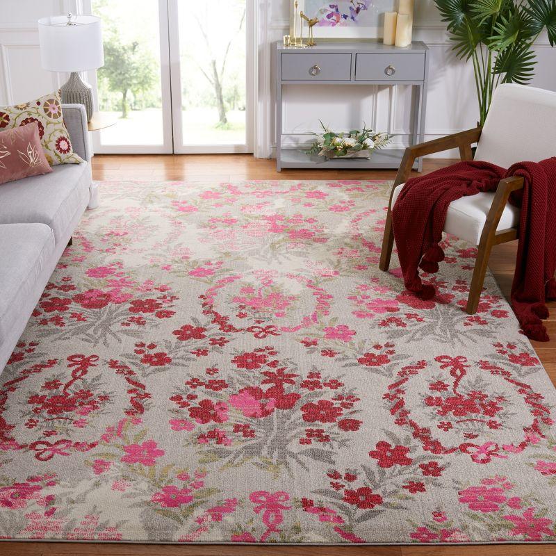 Ivory and Pink Square Synthetic Stain-Resistant Area Rug